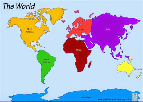 Printable map of the 7 continents with labelled in a different color. White Board Design, Virtual Classroom Ideas, Map Of Continents, Free Printable World Map, Continents Activities, Blank World Map, Cool World Map, Earth Coloring Pages, Printable World Map