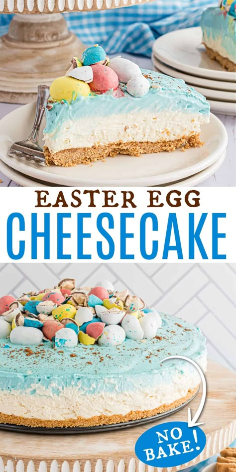 Turn heads with this vibrant Easter Egg Cheesecake at your holiday meal. A no-bake cheesecake is covered in whipped cream frosting and robin's egg malt balls. The spring time colors make the creamy homemade cheesecake even better! Easter Egg Cheesecake, Creative Easter Desserts, Easter Dirt Cake, Easter Deserts, Easter Cheesecake, Delicious Holiday Desserts, Easy No Bake Cheesecake, Shugary Sweets, Easter Sweets