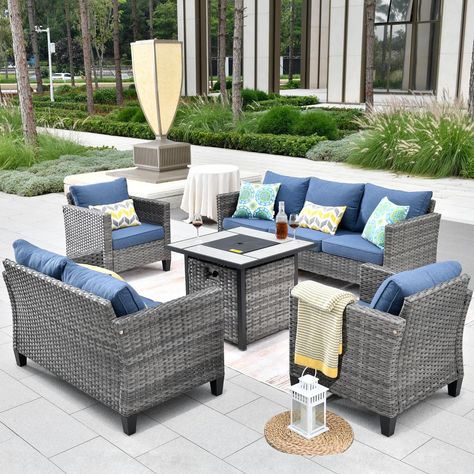 ovios Patio Furniture Set 5 Piece Outdoor Sectional Sofa Set with Rectangle Fire Pit Table Loveseat Chairs High Back Sofa All Weather Wicker Rattan Conversation Sets for Yard Porch (Denim Blue) Sectional Patio Furniture, Swivel Rocking Chair, Conversation Sofa, Sofa And Loveseat Set, Summer Living, Patio Sectional, Wicker Sofa, Patio Furniture Set, Blue Cushions