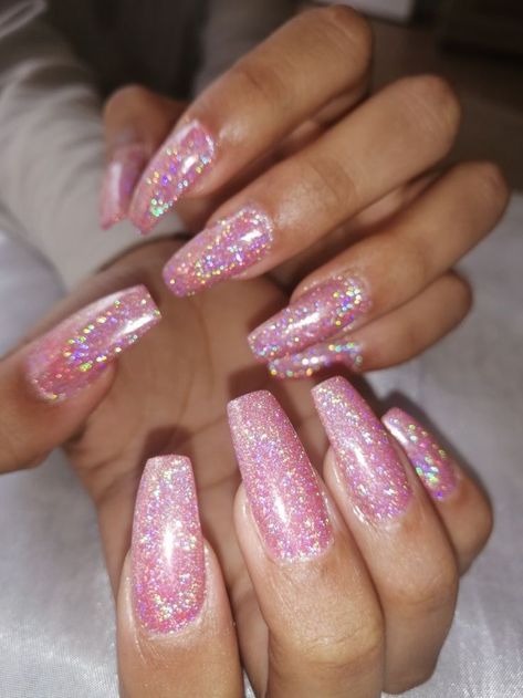 Pink Sparkle Nails, Pink Sparkly Nails, Holographic Glitter Nails, Hoco Nails, Glitter Nails Acrylic, Glitter Rosa, Pink Glitter Nails, Glittery Nails, Unique Acrylic Nails