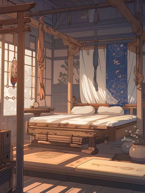 Fantasy Bedroom Art, Fantasy Bedroom Concept Art, Bedroom Backgrounds, Mage Tower, Scene Reference, Housing Inspiration, Asian Bedroom, City Bedroom, Percy Jackson Cabins