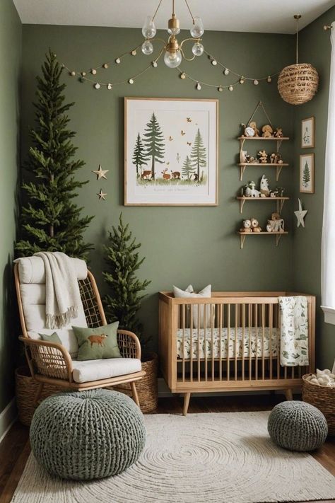 Forest Inspired Nursery, Wood Themed Nursery, Baby Nursery Forest Theme, Earthy Nursery Ideas Gender Neutral, Sage Nursery Ideas, Forest Theme Baby Room, Simple Boy Nursery Ideas, National Park Baby Nursery, Baby Girl Green Nursery