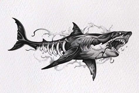 Drawing Of A Shark, Shark Drawing, Greek Mythology Tattoos, Shark Art, Creepy Tattoos, Geniale Tattoos, Shark Tattoos, Dark Art Tattoo, 다크 판타지