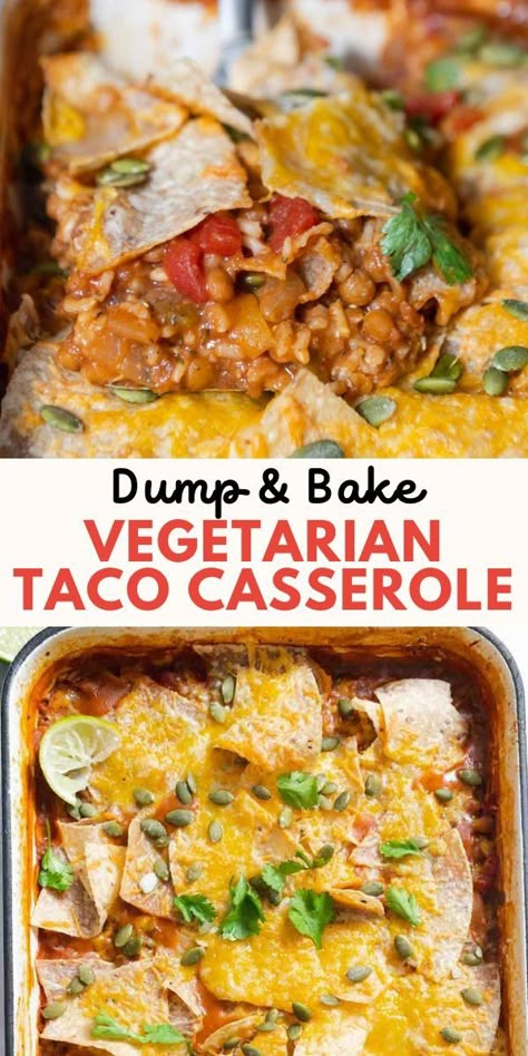 Inspired by Tex-Mex-style tacos, this vegetarian taco casserole is a flavorful dump-and-bake recipe that features brown rice, lentils, and refried beans. This is a protein-packed vegetarian meal that requires just 10 minutes of active time to make! Vegetarian Taco Casserole, Rice And Lentils, Vegetarian Taco, Rice Lentils, Dump And Bake, Dinner Recipes For Two Healthy, Recipes For Two Healthy, Healthy Dinner Recipes Crockpot, Healthy Dinner Recipes For Two