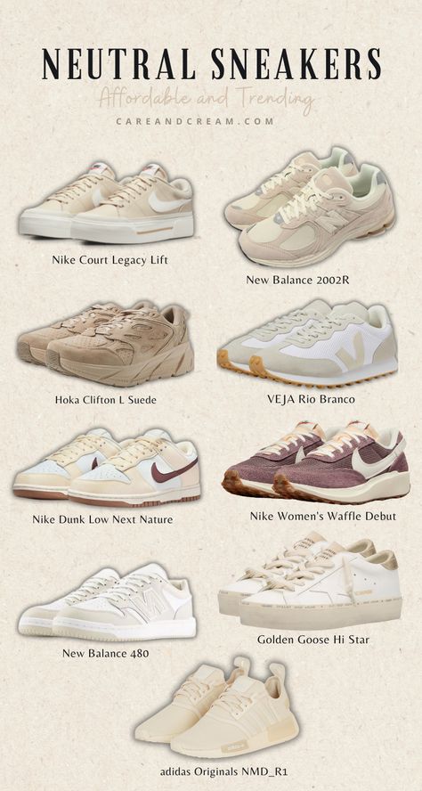 Discover the best neutral sneakers for women in neutral colors like beige, cream, tan, white, and brown. Shop top brands like Nike, New Balance, Adidas, and Veja. Perfect for any outfit! Plus: minimalist sneakers, nude sneakers, sneakers fashion women's, timeless sneakers, casual sneakers women, athleisure wear, street wear. Cute Trainers Women, Tan New Balance Outfit, Nike Sneker, Best Nike Sneakers Women, Neutral Everyday Shoes, New Balance Nude Sneakers, White And Beige Sneakers, New Balance Shoes Woman, New Balance Styling