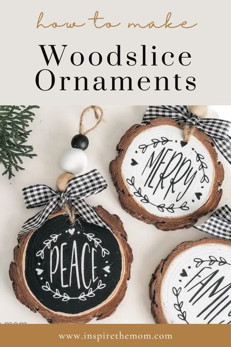 Diy Crafts With Wood Slices, Wood Slice Ornament Sharpie, Wooden Cookies Wood Slices, Christmas Wooden Slices Ideas, Diy Wood Christmas Ornaments Tree Slices, Wood Discs Crafts Christmas, Wooden Round Ornaments Wood Slices Diy, Christmas Wood Rounds Crafts, How To Make Wood Slice Ornaments