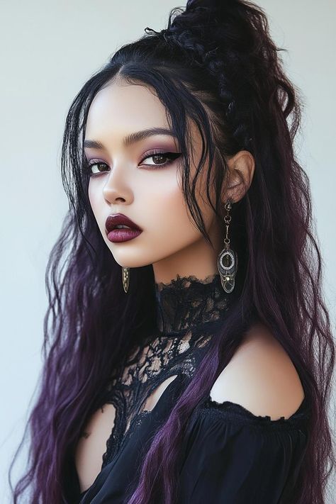 spooky hairstyles, enchanting hairstyles, witchy halloween Sorceress Hairstyle, Gothic Wedding Hairstyles, Witch Hairstyles Halloween, Goth Hairstyles Long, Hairstyles For Halloween, Witchy Hairstyles, Witch Hairstyles, Enchanting Hairstyles, Dark Waves