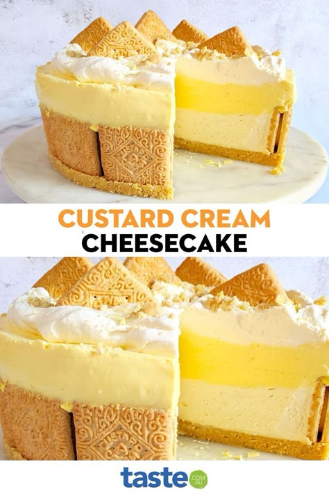 Custard Cream Cheesecake, Unique Cheesecake Recipes, Lemon Crisp, Unique Cheesecake, Custard Creams, No Bake Cheesecakes, Shot Glass Desserts, New Desserts, Cream Cheese Recipe