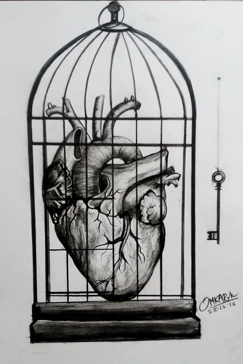 charcoal sketch #omkarkhochare Cage Painting Art, Heart Sketch Creative, Filler Doodles, Heart In A Cage, Cage Drawing, Heart Drawing Ideas, Romantic Sketches, Human Heart Art, Caged Heart