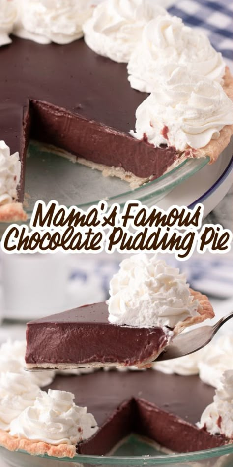 The EASY semi-homemade chocolate pie recipe my mama gets asked to make more than any other made with cook-and-serve chocolate pudding and chocolate chips. Chocolate Pudding Pie Recipe Easy, Pie With Pudding, Chocolate Pudding Pie Recipe, Thanksgiving Desserts Pie, Homemade Chocolate Pie, Pudding Pie Recipes, Chocolate Pudding Pie, Easy Chocolate Pudding, Chocolate Pie With Pudding