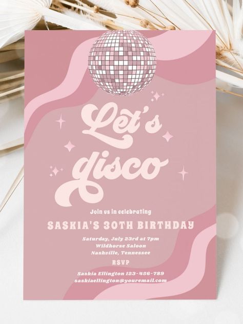 Groovy Retro 70s Let's Disco Birthday Party Invitation #groovy #30th #thirties #disco #funky #retro #birthday #happybirthday #birthdaycards #birthdayparty #thirtybirthday 70s Disco Birthday Party, Disco Invite, 70s Themed Birthday Party, Disco Theme Party, Retro Birthday Parties, Cheer Banquet, Disco Birthday, Disco Birthday Party, Disco Theme