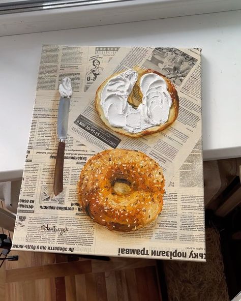 Julia Stankevych on Instagram: “Special commission for special collector 🥰🥯 I really enjoyed the process “Bagel with cream cheese” 16x20” (40x50 cm) Acrylic on canvas” Painting Bread, Breakfast Painting, Bagel With Cream Cheese, Newspaper Painting, Painting Food, Food Art Painting, A Level Art Sketchbook, Food Wall Art, Newspaper Art