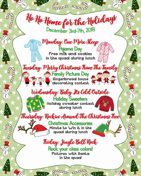 #christmas #spiritweek #holidayspirit #schoolspirit #holiday Holiday Spirit Week Ideas, Holiday Spirit Week, Christmas Spirit Week, Spirit Week Themes, Spirit Weeks, Spirit Day Ideas, Student Council Ideas, Spirit Week Ideas, School Spirit Week