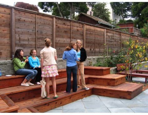 Wooden seats Tiered Seating Outdoor, School Yard Ideas, Stepped Seating, Outdoor Classroom Ideas, Classroom Design Ideas, Waterfront Architecture, Bleacher Seating, Terraced Backyard, Tiered Deck