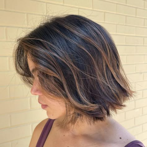 Short Dark Brown Hair with Cinnamon Balayage Balayage Brunette Short, Short Dark Brown Hair, Partial Balayage, Short Hair Brown, Balayage Styles, Short Hair Highlights, Black Hair Balayage, Short Dark Hair, Hair Adviser