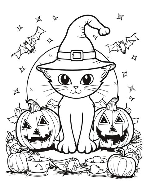 Free Printable Halloween Cat Coloring Pages Halloween Coloring Sheets, Free Halloween Coloring Pages, Witch Coloring Pages, Cat Coloring, Pumpkin Coloring Pages, Halloween Retro, Halloween Coloring Book, Fall Coloring Pages, Cat Coloring Page