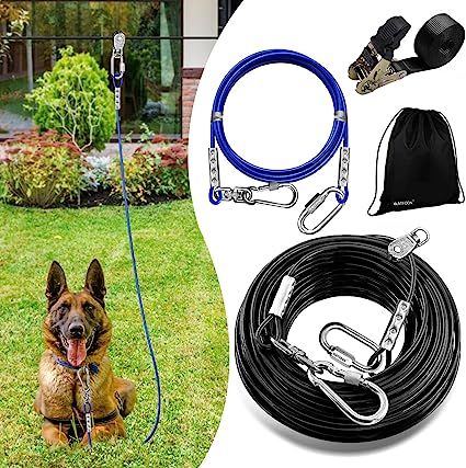 Dog Tie Out Cable, Dog Aerial Run Zip Line for Large Dogs up to 300lbs, 50FT/100FT Heavy Duty Dog Runner for Yard, Camping, Outdoor, with 15 Ft Dog Running Lead, Rope Sling Device (Black, 100 FT) (paid link) Dog Zip Line, Dog Runner, Diy Dog Run, Yard Camping, Dog Trolley, Dog Running, Outside Dogs, Dog Tie, Zip Line