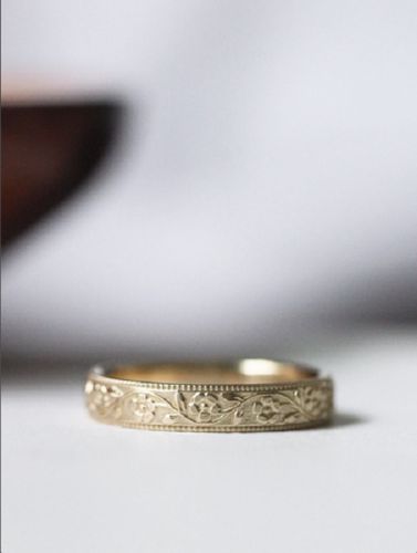 Floral Gold Band Ring, Simple Wedding Band Gold, Yellow Gold Wedding Stack, Carved Gold Wedding Band, Carved Band Engagement Ring, Floral Engraved Engagement Ring, Inset Wedding Rings, Flower Engraved Wedding Band, Feminine Wedding Band