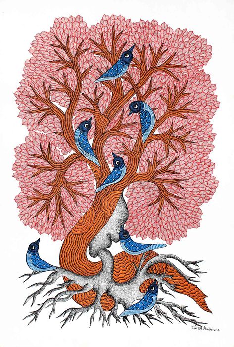 Gond Art Tree Of Life, Gond Art Bird Motifs, Gond Motifs, Gond Painting Folk Art, Pithora Painting, Gonda Art, Calligraphic Painting, Cheriyal Paintings, Purvi Doshi