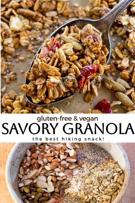 This Vegan Savory Granola is the perfect hiking snack or topping for soups & salads! This savory granola recipe post includes tons of spice options to customize the flavor. Ready in less than 45 minutes. Savory Granola Recipe, Simple Snack Recipes, Vegan Granola Recipe, Simple Granola, Nut Mixes, Savory Granola, Fruit Granola, Easy Granola Recipe, Bake Gluten Free