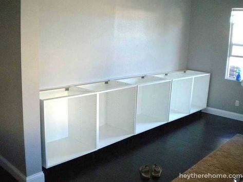 IKEA hack- how to create a built in out of IKEA cabinets and shelves Brimnes Cabinet, Ikea Kitchen Units, Wall Cabinets Living Room, Ikea Wall Cabinets, Ikea Brimnes, Kitchen Island Ikea, Ikea Shelf, Ikea Built In, Billy Bookcases