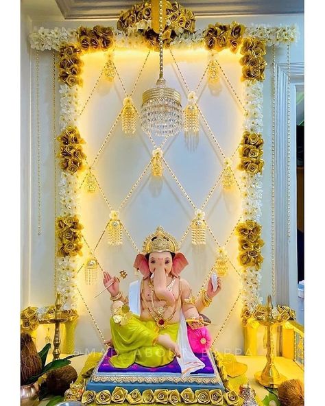 Ganesh Bappa, Gauri Decoration, Flower Decoration For Ganpati, Eco Friendly Ganpati Decoration, Bappa Decoration, Ganpati Decoration Theme, Ganesh Decoration, Ganpati Decor, Ganapati Bappa Morya