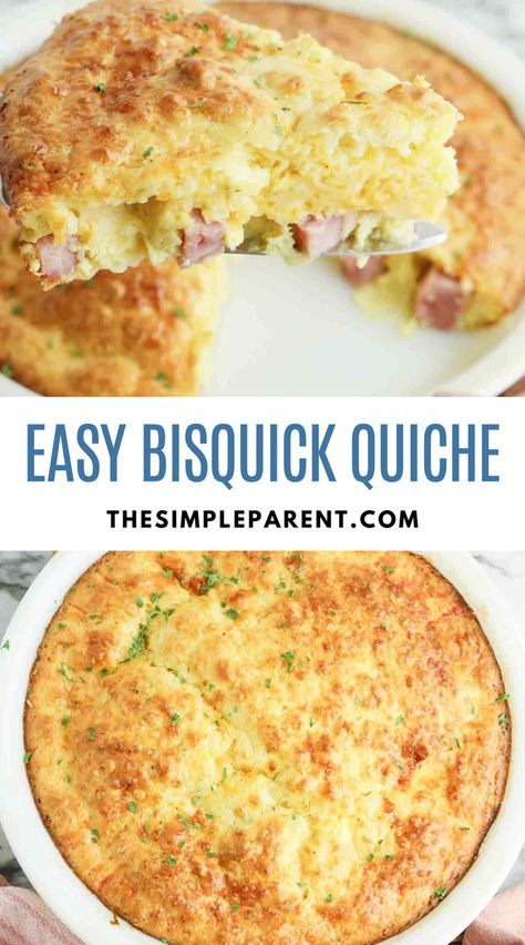 Bisquick Quiche. With Text Reading: EASY Bisquick Quiche Recipe. What To Make With Bisquick, Easy Bisquick Recipes, Breakfast Casserole Bisquick, Bisquick Quiche, Bisquick Impossible Quiche Recipe, Best Quiche Recipe Ever, Bisquick Recipes Breakfast, Ham Quiche Recipe, Egg Quiche Recipes