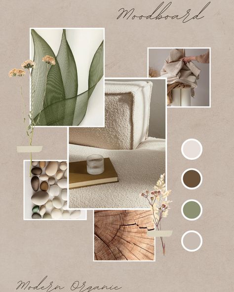 Moodboard Monday. Modern organic is a blend of modern minimalism with a touch of nature elements. Warm neutral tones and rich textures creates a sophisticated yet warm and comfortable aesthetic. Natural Organic Interior Design, Meditation Business, Salon Room Ideas, Modern Moodboard, Modern Lounge Rooms, Organic Minimalism, Organic Interior Design, Organic Contemporary, Interior Design Basics