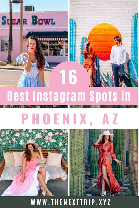 Looking for the most instagrammable places in Phoenix and Scottsdale? These 16 places photo spots include the Saguaro Scottsdale, Sugar Bowl, Papago Park, the Swing Mural, It's That Hot Mural, and many more instagram-worthy places. Most Instagrammable Places In Arizona, Phoenix In March, Phoenix Instagram Spots, Phoenix Photoshoot Ideas, Phoenix Photography Locations, Phoenix Photoshoot, Phoenix Travel Guide, Downtown Phoenix Arizona, Phoenix Photography