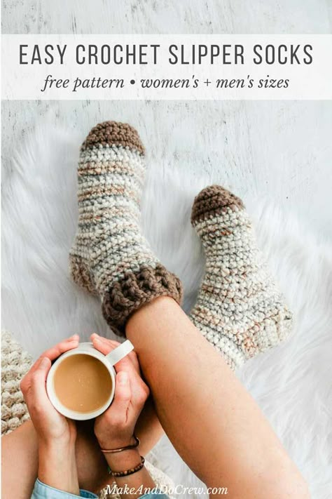 Crochet Slippers Adult, Crochet Slipper Socks, Crochet Slippers Adult Free Pattern, Easy Crochet Socks, Crochet Slippers Free, Easy Crochet Slippers, Slippers Free Pattern, Make And Do Crew, Slipper Pattern