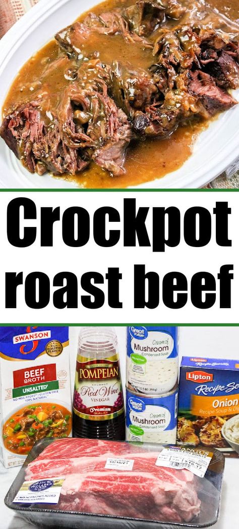 Slow cooker roast beef and gravy recipe that is fork tender and full of flavor. Use chuck roast for a cheap Crockpot dinner everyone loves. #roastbeef #crockpotroast #roastbeefandgravy Crockpot Beef Roast Recipes, Best Crockpot Roast, Crockpot Beef Roast, Slow Cooker Round Roast, Easy Crockpot Roast, Beef Roast Recipes, Crockpot Roast Beef, Roast Beef And Gravy, Dinners Crockpot