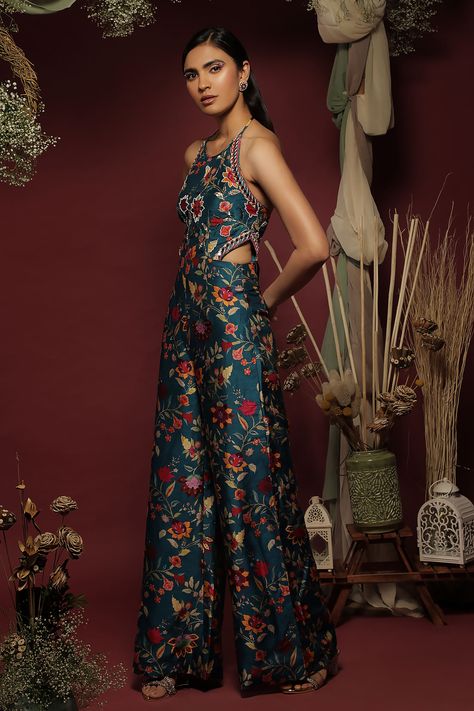 Shop for these amazing collections of Blue Silk Floral Round Pattern Jumpsuit For Women by Label Ne'chi online at Aza Fashions. Indian Fabric Dress, Sleeveless Jumpsuits For Women, Floral Indo Western Outfits, Desi Jumpsuit, Indian Jumpsuit Outfit, Indian Clothes Modern, Modern Indian Dress, Saree Jumpsuit, Sabyasachi Gown