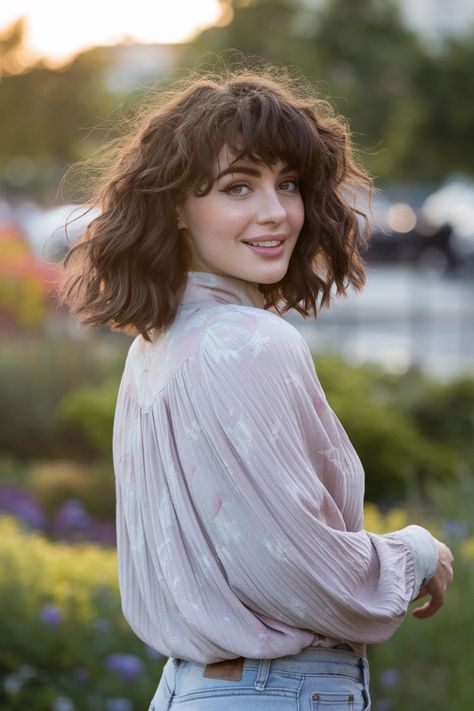 Embrace the beauty of curly hairstyles with this stunning look featuring curtain bangs. The soft, face-framing fringe adds a cute touch to your medium-length curls, creating an effortlessly stylish vibe. Perfect for casual outings or school days, this hairstyle enhances your natural texture and gives you that baddie flair. Transform your curls into a pretty statement! #curlyhairstyles #curlyhairstyles Curtain Bangs Short Hair Curly, Curly Curtain Bangs, Framing Fringe, Curtain Bangs Short Hair, Curtain Bangs Short, Short Hair Curly, Medium Length Curls, Bangs Short Hair, Hair With Curtain Bangs