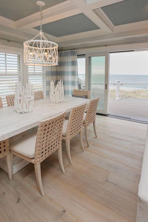 Beach Dining Room Aesthetic, Beach Dining Room Ideas, Beach House Family Room Ideas, Beachy Wood Floors, Beach Dinning Room Decor, 2023 Beach House Trends, Coastal Open Floor Plan, Beach House Tile Floor, Beachy Flooring Ideas