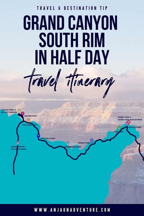 This half day Grand Canyon South Rim itinerary will give you an idea of how to best spend your time at Grand Canyon. This will be a moderately paced itinerary, where you will see all the major sites. From most visited Mather point, Yavapai point and driving along scenic Desert View Drive. The best itinerary for Grand Canyon trip. | Travel itinerary | Arizona Travel | USA | Grand Canyon | South rim #arizona #desert #usatravel #southwest #travelitinerary #vacationplan Desert View Drive Grand Canyon, Grand Canyon South Rim One Day, South Rim Grand Canyon One Day, Grand Canyon South Rim Things To Do, Grand Canyon In March, Sedona To Grand Canyon, Sedona Bucket List, Grand Circle Road Trip, Grand Canyon Itinerary