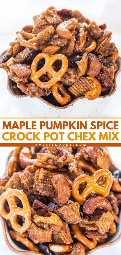 Your afternoon snack ideas must have this Crock-Pot Chex Mix! It's an easy fall recipe that's loaded with maple and pumpkin spice flavors. Sweet and salty, chewy and crunchy, this homemade Chex Mix is irresistible! Save this pumpkin recipe! Crock Pot Chex Mix Recipes, Chex Mix Crock Pot, Festive Baking, Averie Cooks, Maple Pumpkin, Chex Mix Recipes, Snack Mixes, Fall Cooking, Vegan Sides