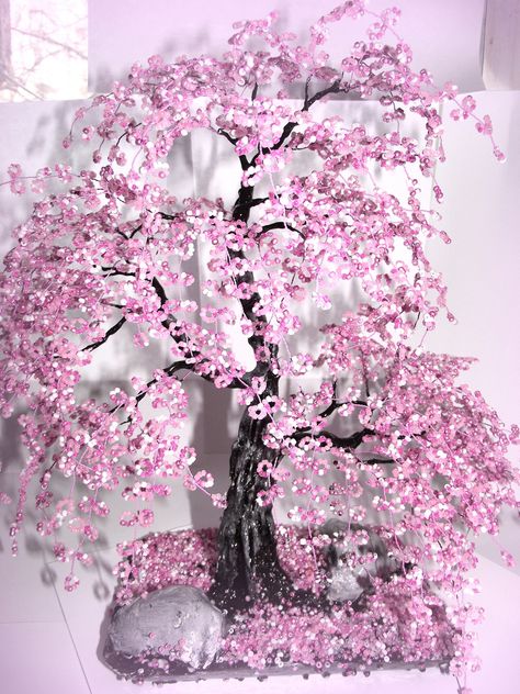 Bonsai Beaded Tree Home Decor - Sakura | Flickr - Photo Sharing! Cherry Blossom Bonsai Tree, Bead Trees, Beaded Tree, Wire Tree Sculpture, French Beaded Flowers, Art Perle, Folding Origami, Wire Trees, Wire Tree