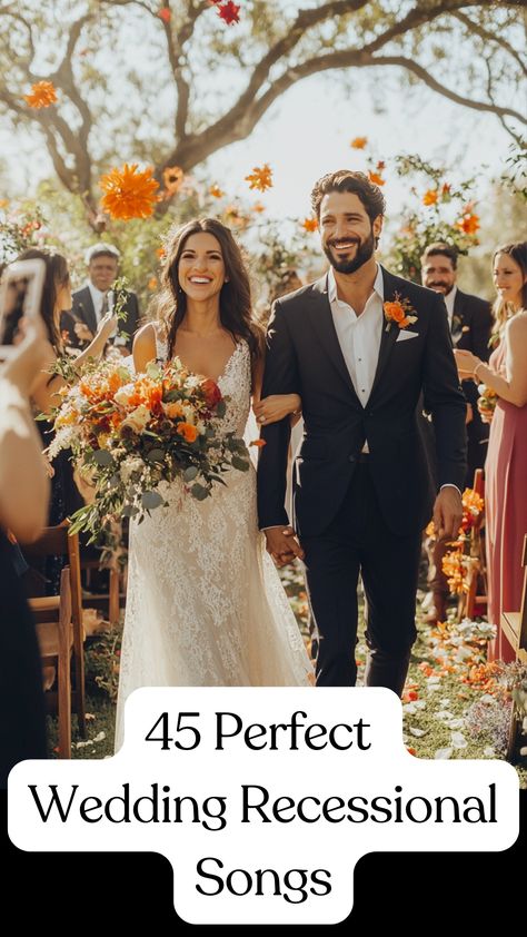 A couple joyfully walking down the aisle during their wedding recessional, accompanied by smiling guests and vibrant decorations, celebrating their new beginning with perfect wedding recessional songs. Wedding Recessional Order, Wedding Songs To Walk Down Aisle Exit, Wedding Walk Out Songs, Ceremony Exit Songs, Recessional Wedding Songs, Wedding Ceremony Exit Songs, Ceremony Music Wedding, Wedding Processional Songs, Most Romantic Songs