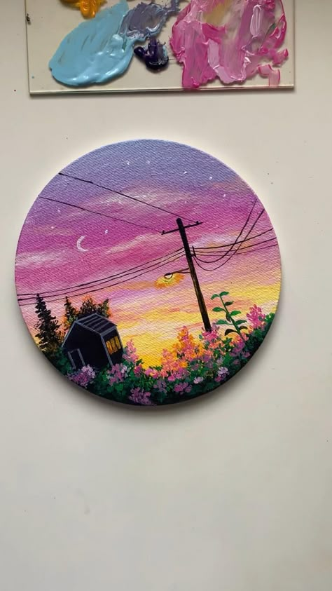 Cute Canvas Paintings Easy, Painting Landscape Easy, Painting Room Decor Ideas, Paint For Canvas, Canvas Paintings Easy, Mandala Painting On Canvas, Circular Canvas Painting, Easy Acrylic Painting For Beginners, Painting Design Ideas