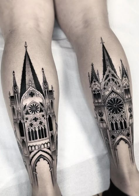 Best Architecture Tattoos Gothic Cathedral Tattoo Sleeve, Dark Architecture Tattoo, Tattoo Of Buildings, Tattooed Stomach, Gothic Geometric Tattoo, Gothic Gate Tattoo, Goth Window Tattoo, Castle Window Tattoo, Arcitechture Tattoos