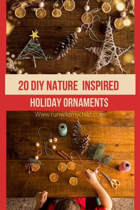 20 fun ideas for DIY nature-inspired holiday ornaments to make with your kids. #holidays #holidayswithkids #naturecrafts #diy #diyornaments #natureornaments #nature #ornaments Pine Crafts For Kids, Nature Made Ornaments, Natural Tree Ornaments Diy, Christmas Ornaments From Nature, Ornaments Made From Nature, Forest School Christmas Decorations, Kids Wooden Ornament Craft, Natural Ornaments Christmas Easy Diy, Easy Natural Christmas Decorations