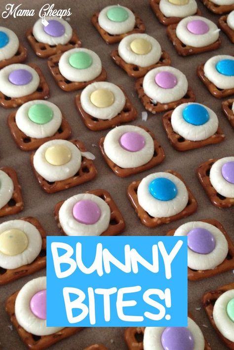 Pretzel Decorations, Easter Pretzel Treats, Easter Bunnies Crafts, Bunny Bites, Pretzel Chocolate Bites, Easter Pretzel, White Chocolate Recipe, Treats For Easter, Easter Deserts