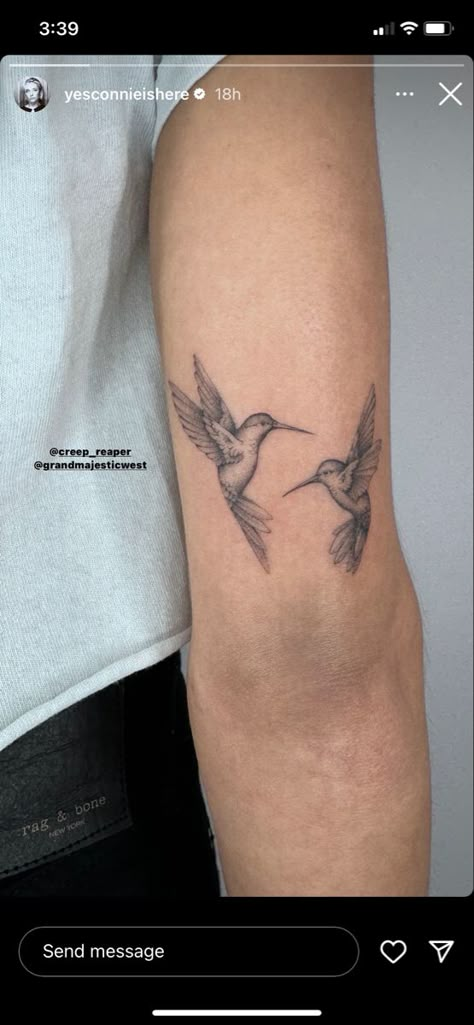 Bird Tattoo Symbolism, Hummingbird Elbow Tattoo, Back Of Arm Hummingbird Tattoo, Two Hummingbird Tattoo With Flowers, Red Dove Tattoo, Bird Tattoo Back Of Arm, Mocking Jay Tattoos, Humming Bird Tattoo Forearm, Bird Arm Tattoos For Women