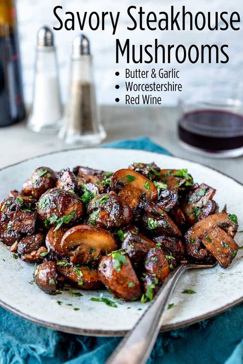 Delicious savory mushrooms sautéed and browned in a skillet and seasoned with garlic, Worcestershire, butter and red wine. Perfect side dish for a steak! You will feel like you are at a fancy steakhouse! Can also be served as an appetizer. Balsamic Roasted Mushrooms, Steakhouse Mushrooms, Honey Mustard Pork Chops, Mushroom Side Dishes, Balsamic Mushrooms, Mushroom Appetizers, Balsamic Recipes, Steak And Mushrooms, Egg Free Recipes