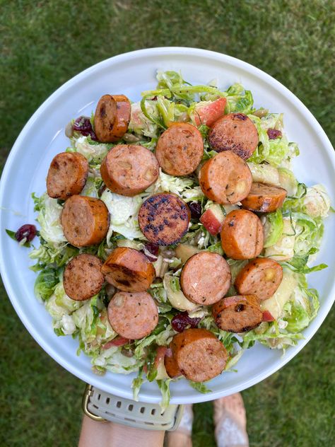 Sausage Salad Healthy, Apple Sausage Recipes, Chicken Apple Sausage Recipes, Chicken Sausage Salad, Salad With Sausage, Shredded Brussels Sprouts Salad, Brussels Salad, Wahls Diet, Budha Bowls