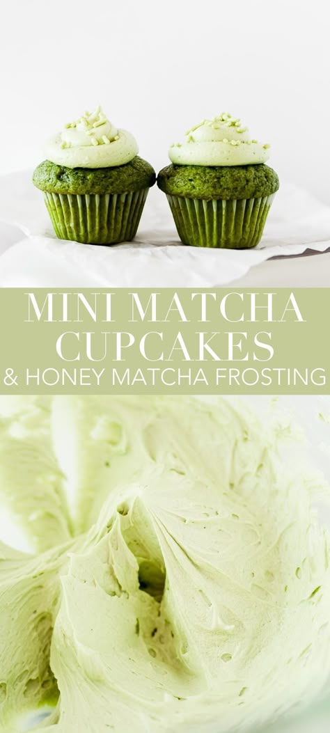 Mini matcha cupcakes with honey matcha frosting are easy to make and loaded with antioxidant-rich matcha for a delicious, adorable spring treat! Their beautiful green color is perfect for St. Patrick's Day! Matcha Icing, Matcha Frosting, Matcha Food, Matcha Dessert Recipes, Matcha Cupcakes, Matcha Desserts, Matcha Green Tea Recipes, Matcha Mint, Green Desserts