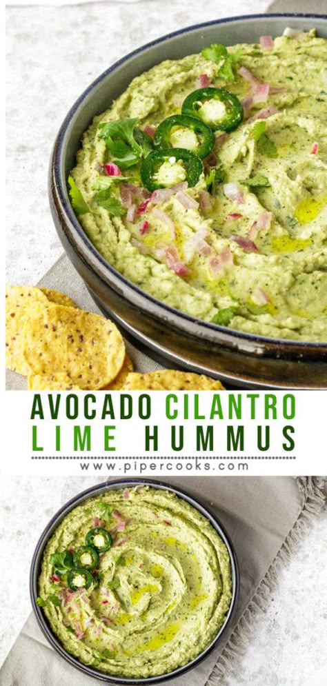 avocado cilantro lime hummus garnished with jalapenos and served with tortilla chips Cilantro Lime Hummus, Jalapeno Hummus, Pickled Jalapenos, Hummus Recipe Homemade, Hummus Recipes, Processor Recipes, Hummus Dip, Avocado Hummus, Medicine Tips