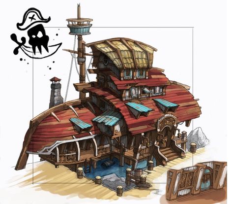 Pirate House Scene (Artyom Vlaskin concept) - Polycount Forum Pirate House, Ship House, Caravan Bar, Bg Design, Building Concept, Game Props, Entertainment Design, Fantasy House, Environmental Design