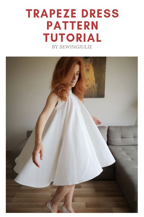 Learn how to draft a pattern for a trapeze or circle dress. Tutorial by SewingJulie Circle Dress Outfit, Triangle Dress Pattern, Circular Dress Pattern, Circle Dress Pattern How To Make, Halterneck Dress Pattern, Drafting Dress Patterns, Diy Trapeze Dress, Circle Dress Pattern, East Willow Trapeze Slip