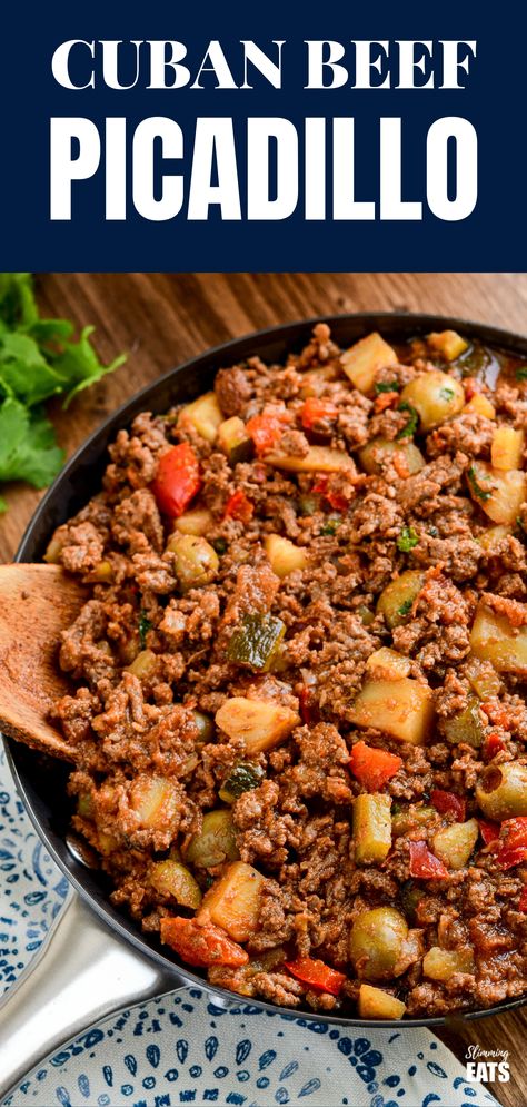 Cuban Beef Picadillo - a delicious hearty ground beef Cuban inspired recipe with flavoursome spices, potatoes, vegetables, olives and sultanas. #Cuban #picadillo #olives #beef #slimmingeats #weightwatchers #glutenfree #dairyfree Cuban Beef, Cuban Picadillo, Beef Picadillo, Picadillo Recipe, Minced Beef Recipes, Potatoes Vegetables, Ground Beef Recipe, Cuban Cuisine, Minced Beef